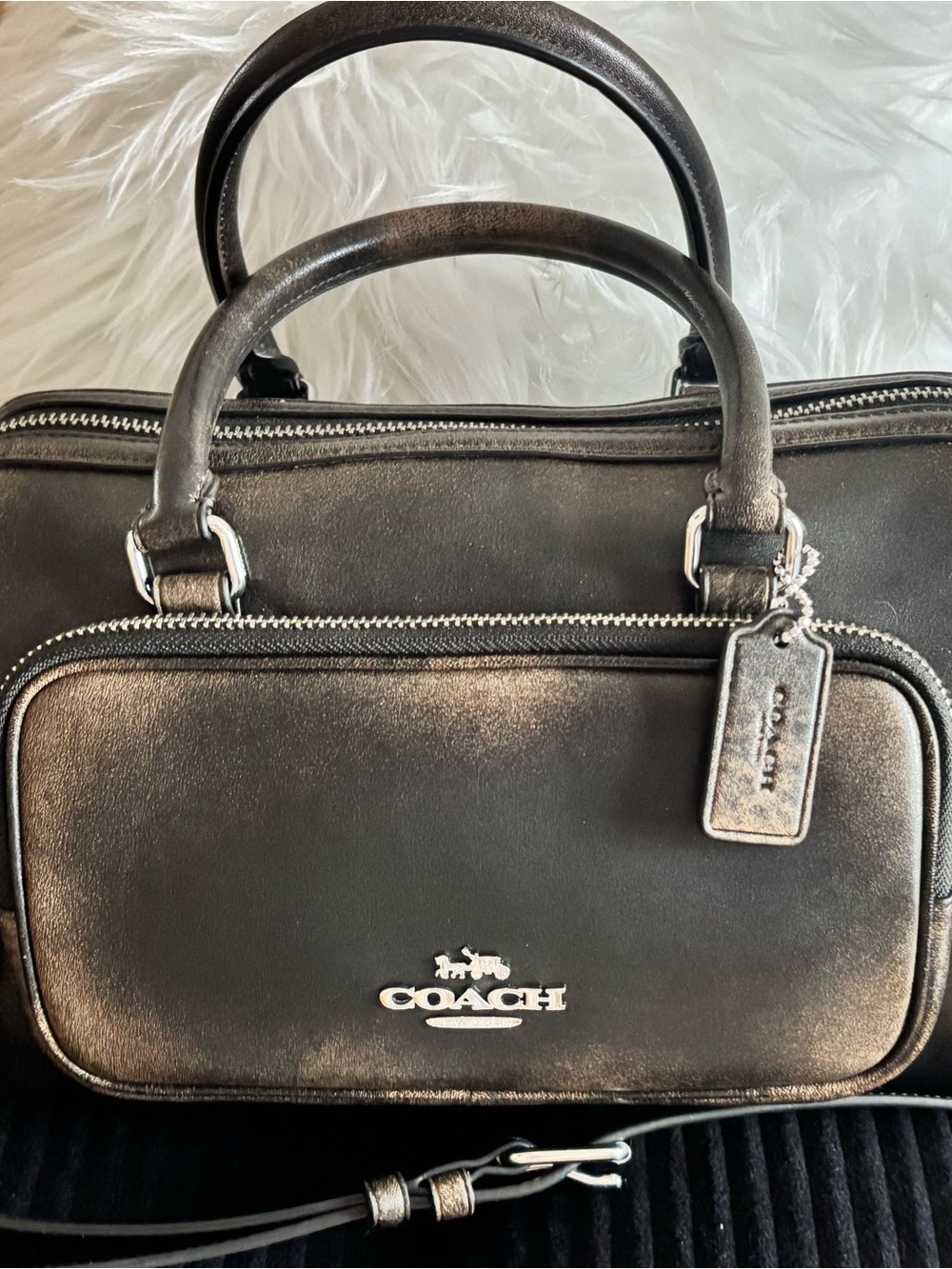 Coach Metallic Black Leather Satchel with Silver Hardware
